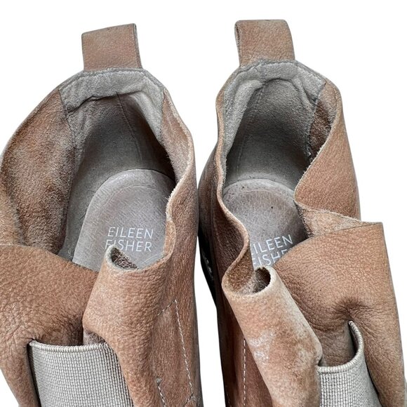 Eileen Fisher Tan Leather Ankle Boots Elastic Gore Low Block Heel Pull Tabs Sz 8 - Picture 15 of 16